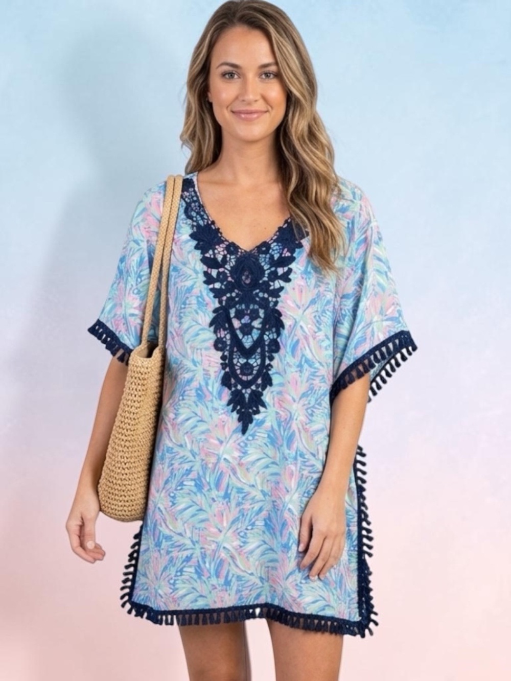 Simply Southern Tropical Boho Fringe Caftan Poncho Tunic Top Size S/M Fits M